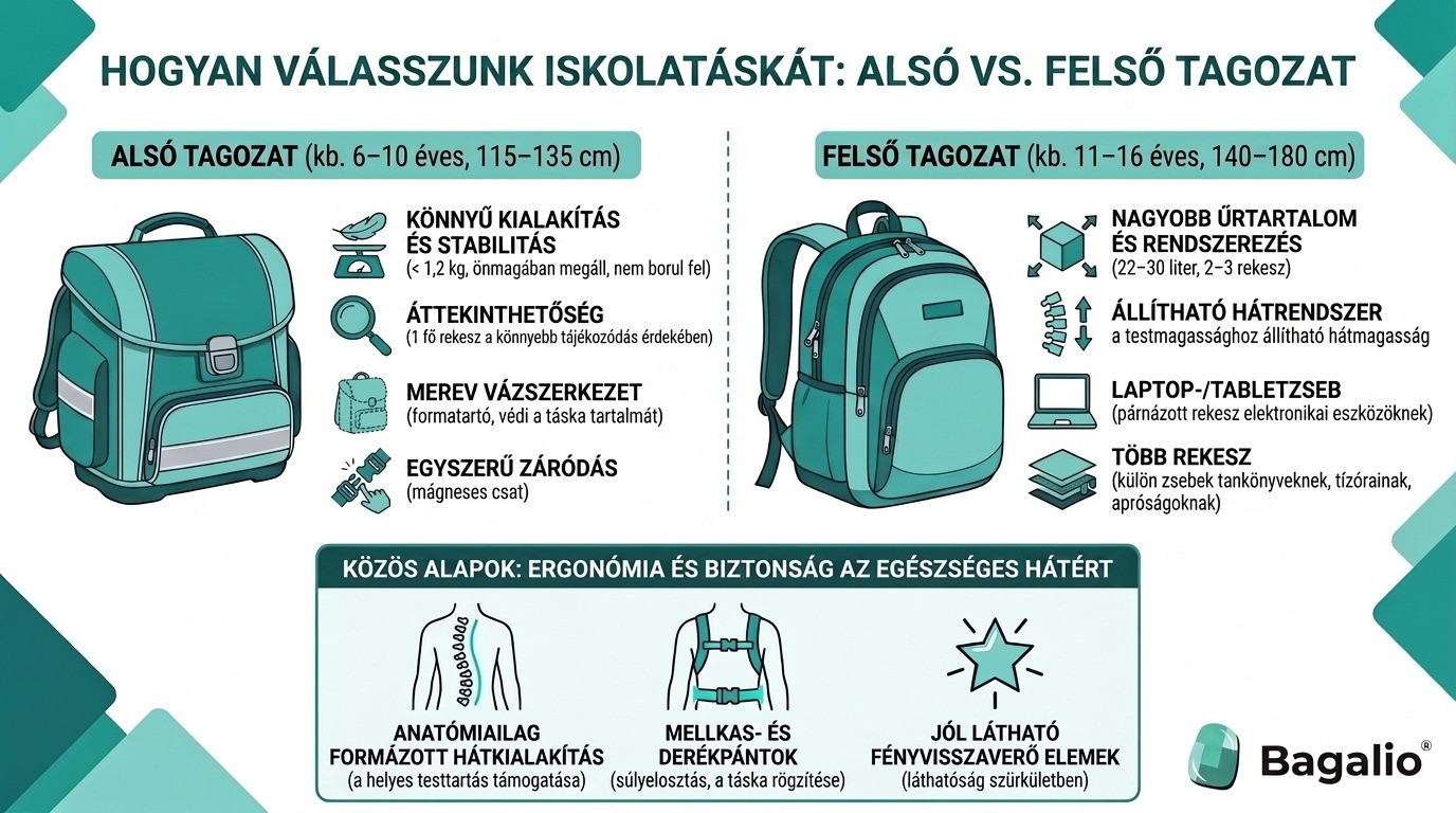 Infografika: Iskolatáskák összehasonlítása az 1. és 2. tagozat
