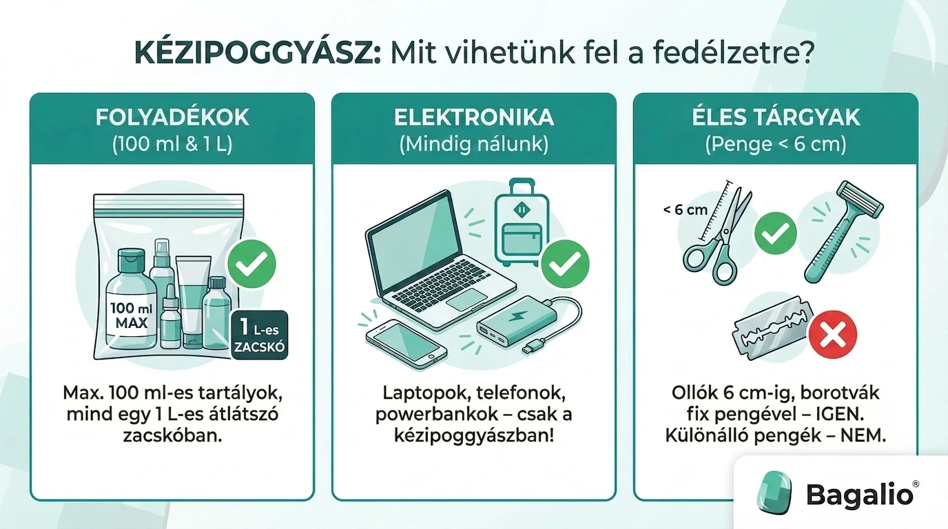 Infografika: Mit vigyünk magunkkal a repülőgépre – szabályok a folyadékokra, elektronikára és éles tárgyakra a kézipoggyászban.