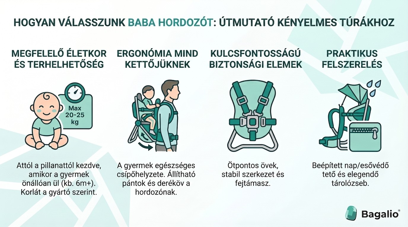 Infografika tippekkel a megfelelő babahordozó kiválasztásához: hordozótípusok, a hevederek beállítása és a gyermek biztonságos helyzete.