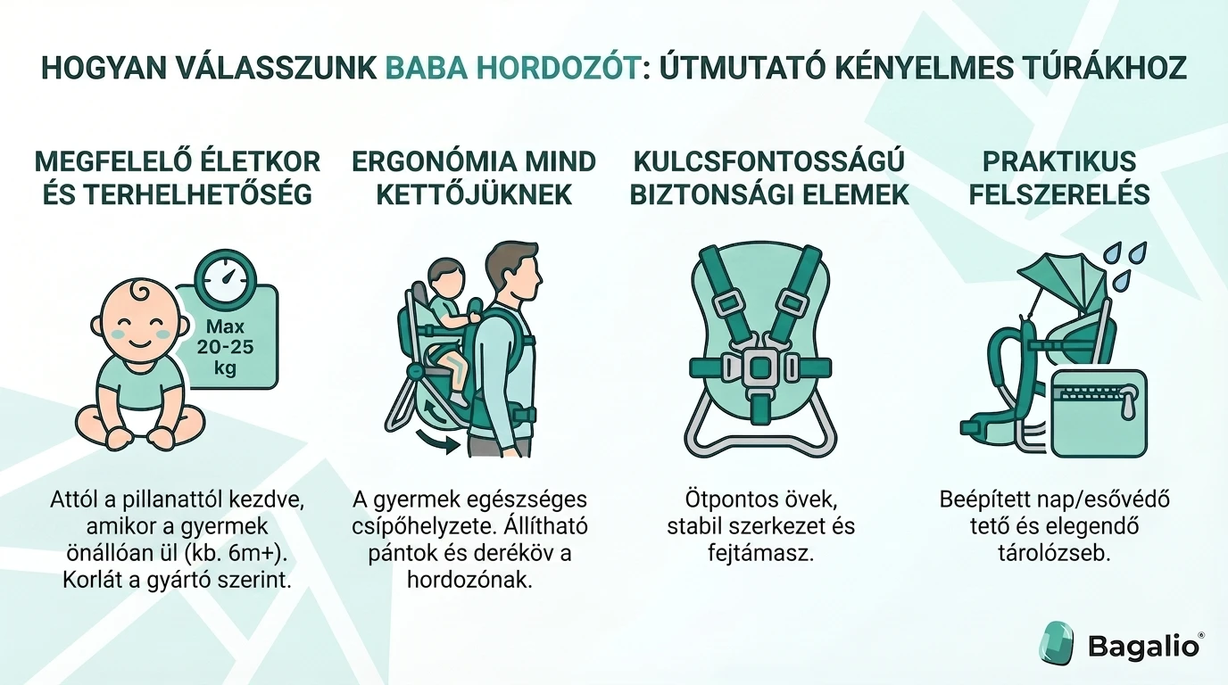 Infografika tippekkel a megfelelő babahordozó kiválasztásához: hordozótípusok, a hevederek beállítása és a gyermek biztonságos helyzete.