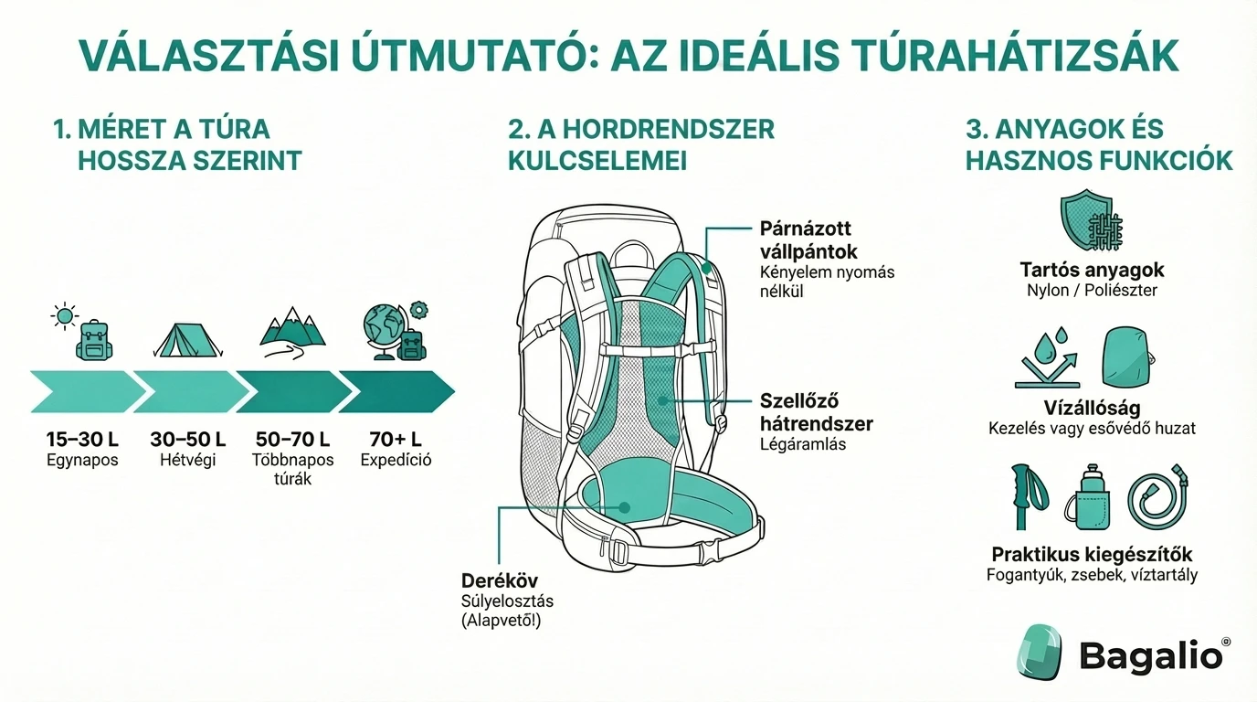 Infografika: Hogyan válasszunk túrahátizsákot méret és funkciók szerint