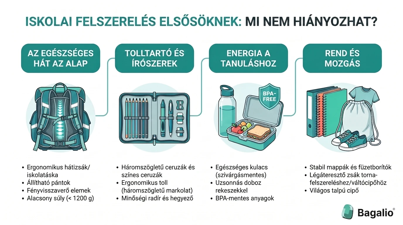 Infografika az elsős iskolai felszerelés listájával
