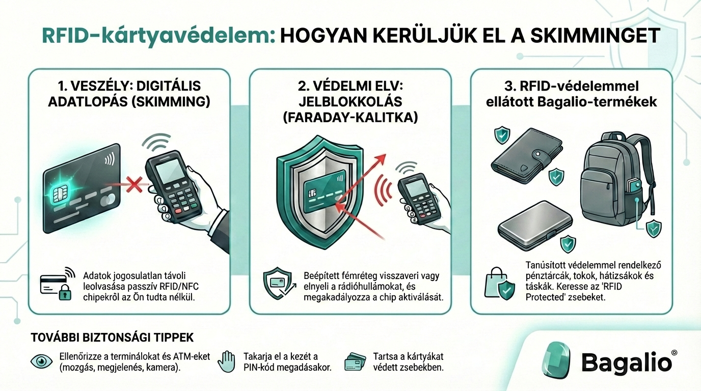 Infografika az RFID-kártyavédelemről és a skimming megelőzéséről a Bagaliótól.
