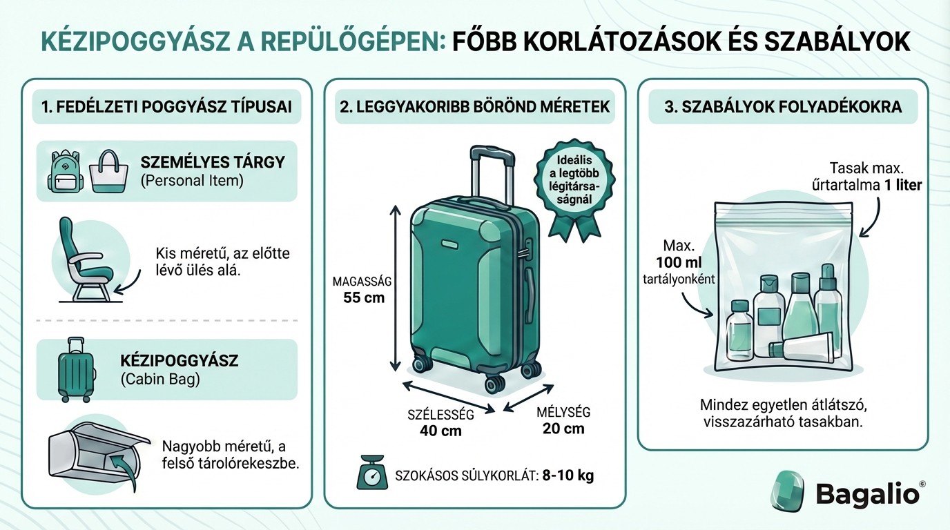 Infografika: Fedélzeti poggyász méretei és folyadékszállítási szabályok.