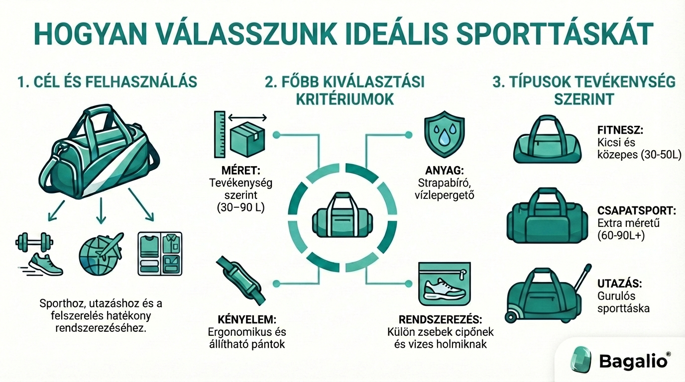 Infografika: Hogyan válasszuk ki az ideális sporttáskát a cél, a méret és az anyag alapján.